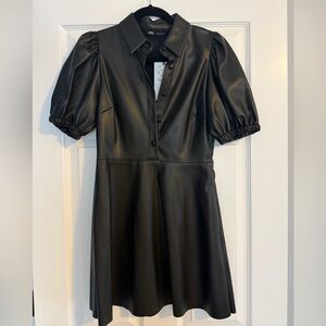 Zara Black Puff Sleeve Mini Faux Leather Dress. Size Small. NWT